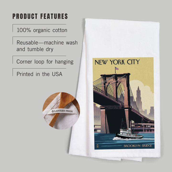 New York, Brooklyn Bridge, Organic Cotton Kitchen Tea Towels Kitchen Lantern Press 