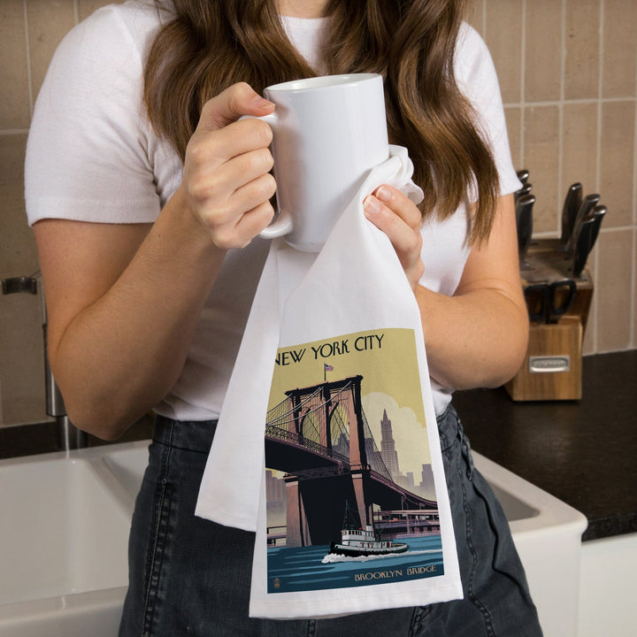 New York, Brooklyn Bridge, Organic Cotton Kitchen Tea Towels Kitchen Lantern Press 