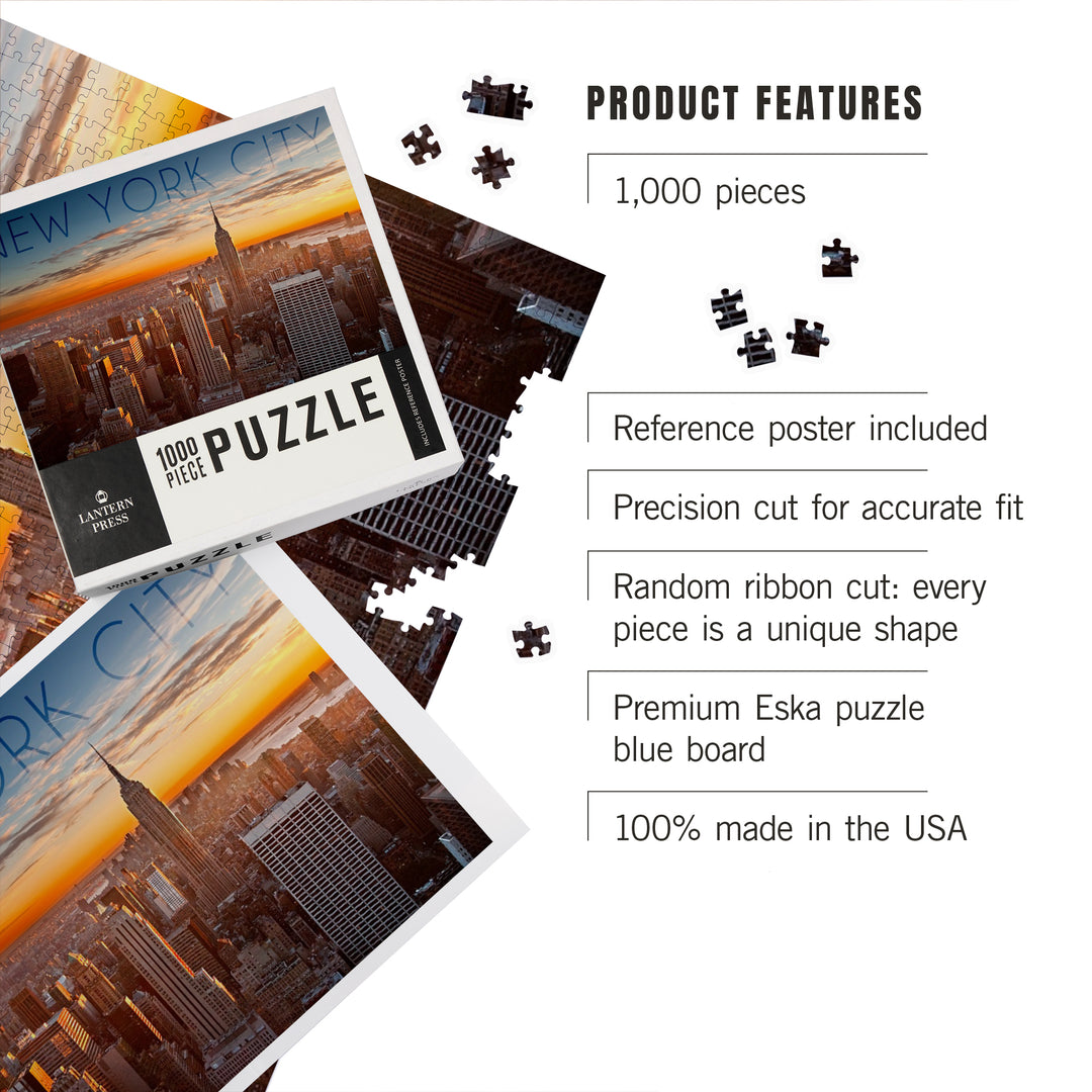 New York City, New York, Aerial Skyline at Sunset, Jigsaw Puzzle Puzzle Lantern Press 