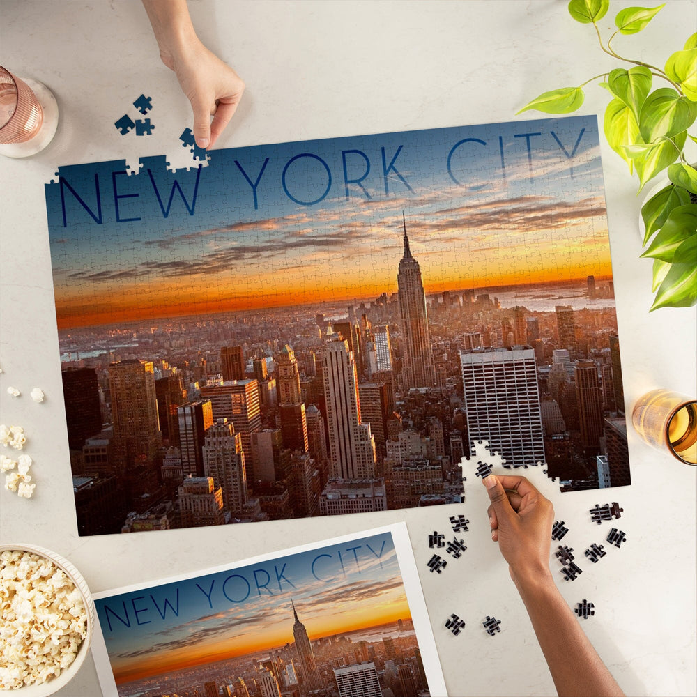 New York City, New York, Aerial Skyline at Sunset, Jigsaw Puzzle Puzzle Lantern Press 