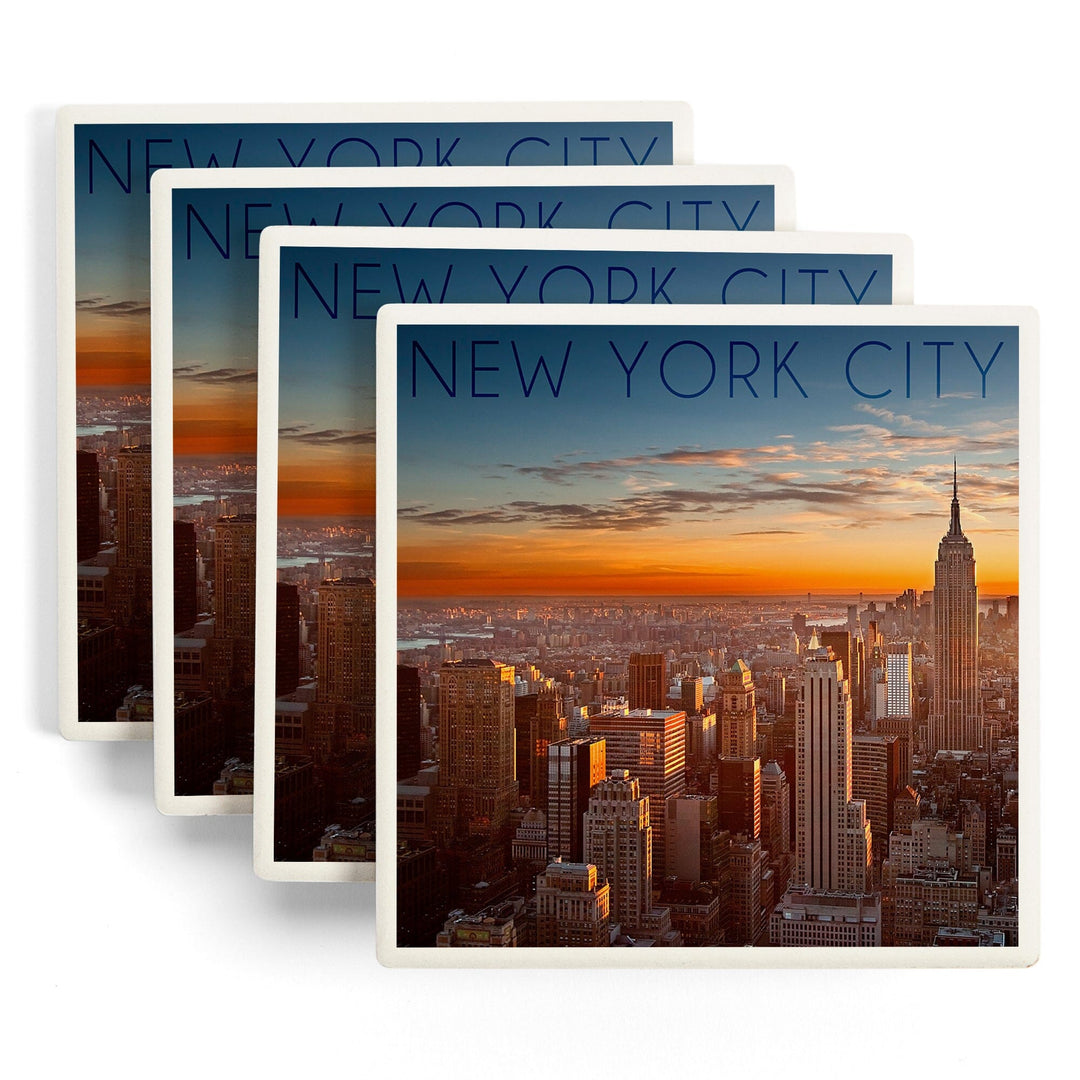 New York City, New York, Aerial Skyline at Sunset, Lantern Press Photography, Coaster Set Coasters Lantern Press 