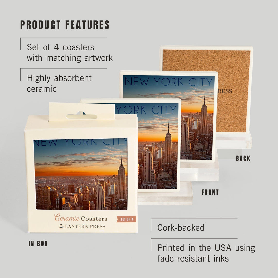 New York City, New York, Aerial Skyline at Sunset, Lantern Press Photography, Coaster Set Coasters Lantern Press 