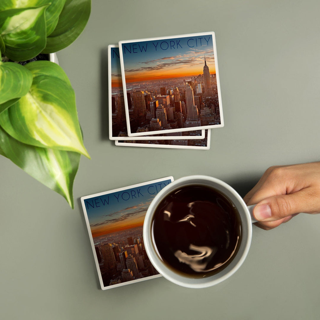 New York City, New York, Aerial Skyline at Sunset, Lantern Press Photography, Coaster Set Coasters Lantern Press 