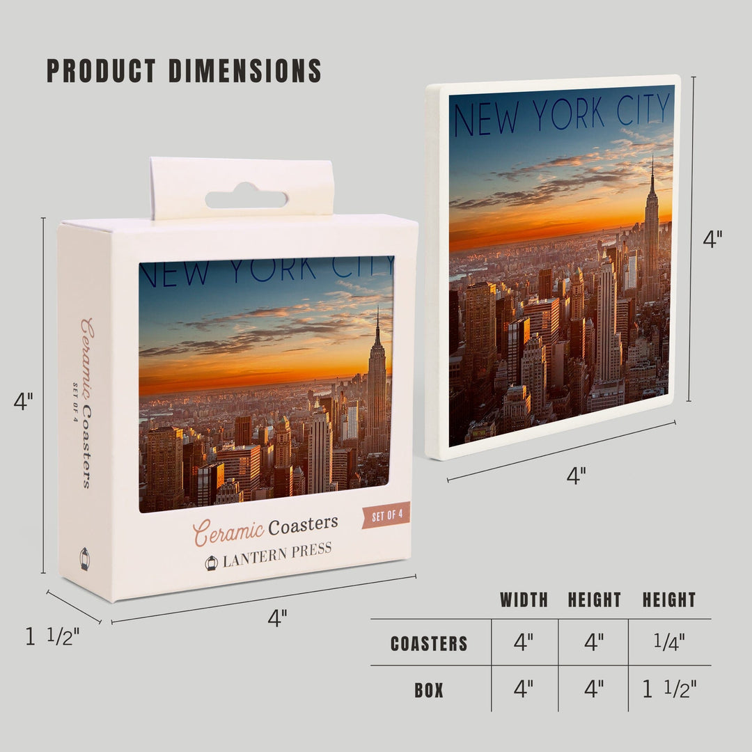 New York City, New York, Aerial Skyline at Sunset, Lantern Press Photography, Coaster Set Coasters Lantern Press 