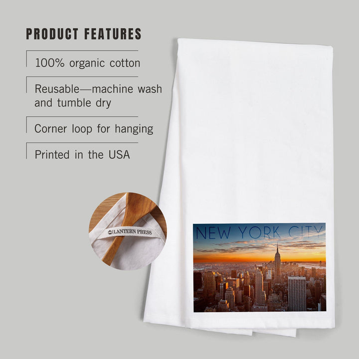 New York City, New York, Aerial Skyline at Sunset, Organic Cotton Kitchen Tea Towels Kitchen Lantern Press 