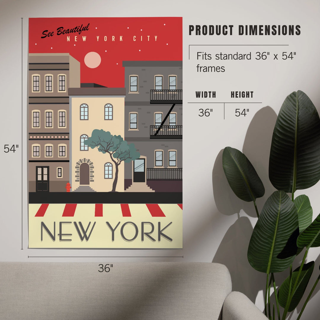 New York City, New York, Brownstones, Street Vector, Art & Giclee Prints Art Lantern Press 