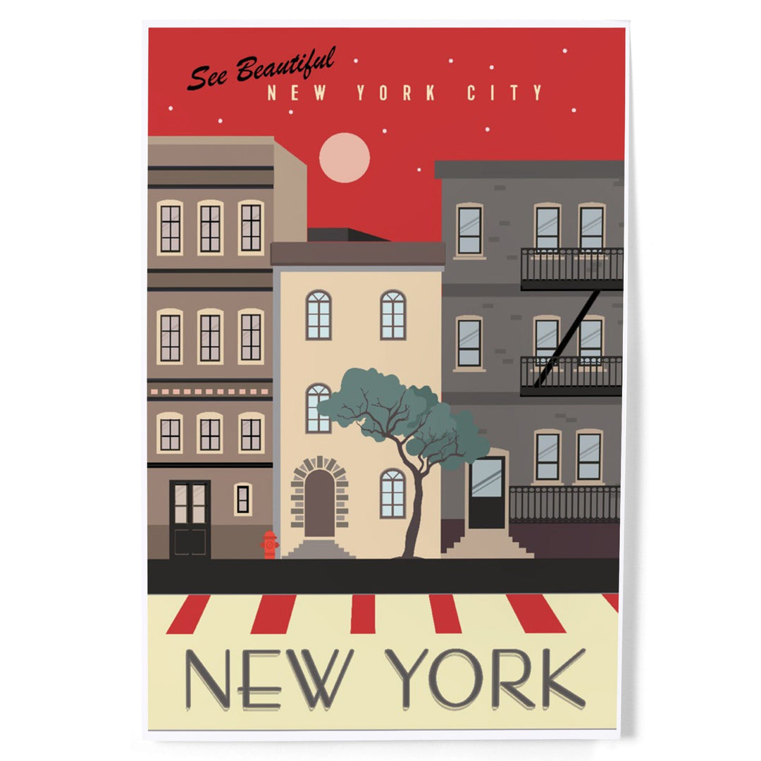 New York City, New York, Brownstones, Street Vector, Art & Giclee Prints Art Lantern Press 