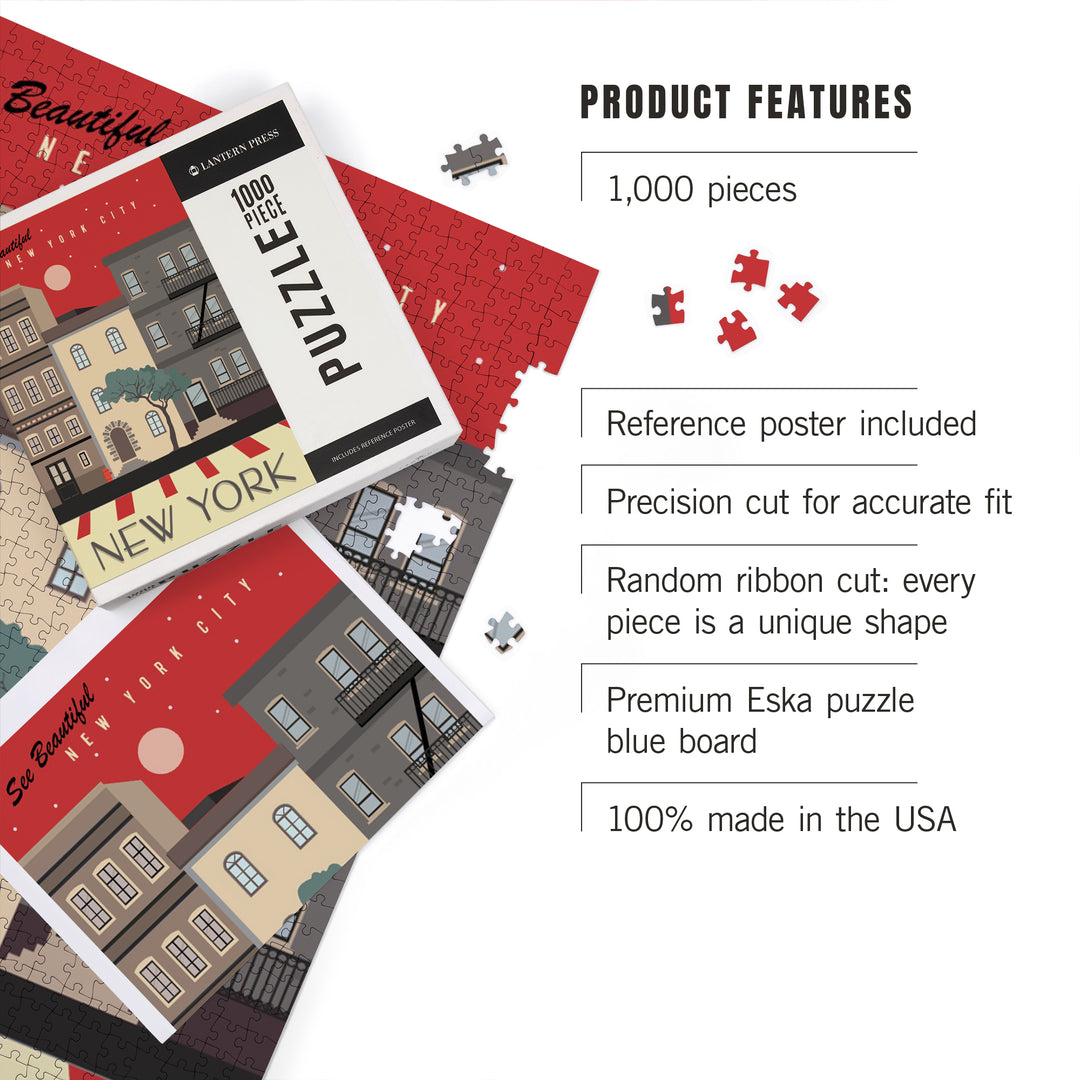 New York City, New York, Brownstones, Street Vector, Jigsaw Puzzle Puzzle Lantern Press 