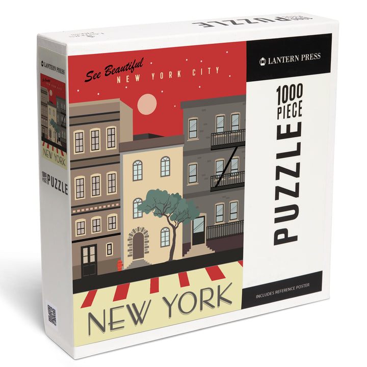 New York City, New York, Brownstones, Street Vector, Jigsaw Puzzle Puzzle Lantern Press 