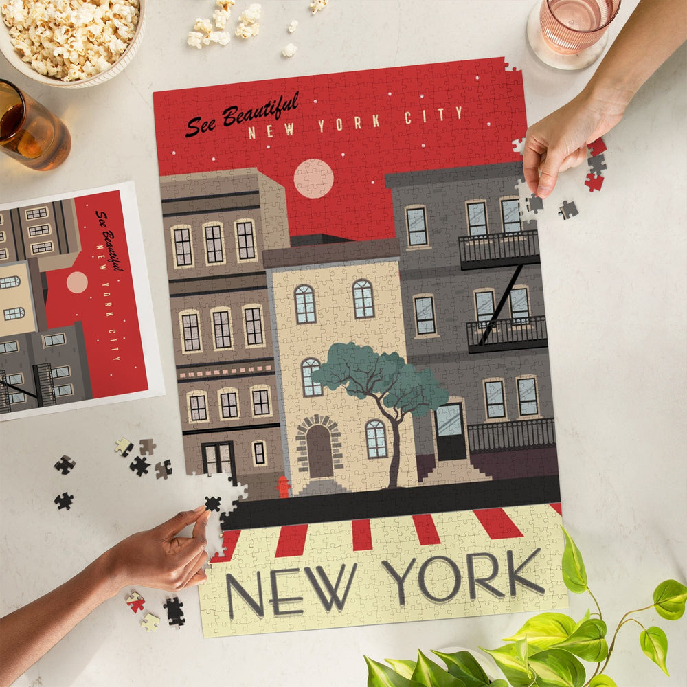 New York City, New York, Brownstones, Street Vector, Jigsaw Puzzle Puzzle Lantern Press 