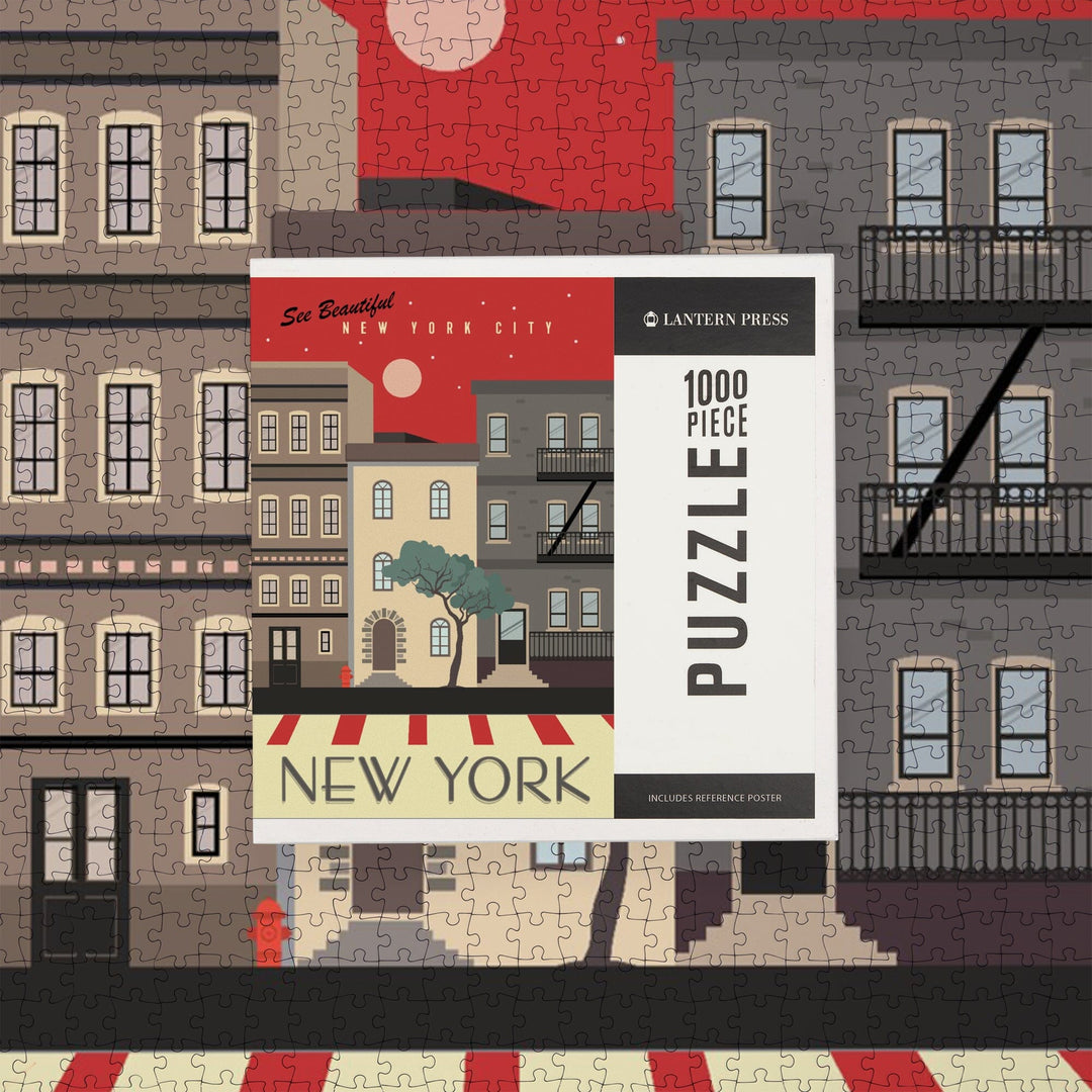 New York City, New York, Brownstones, Street Vector, Jigsaw Puzzle Puzzle Lantern Press 