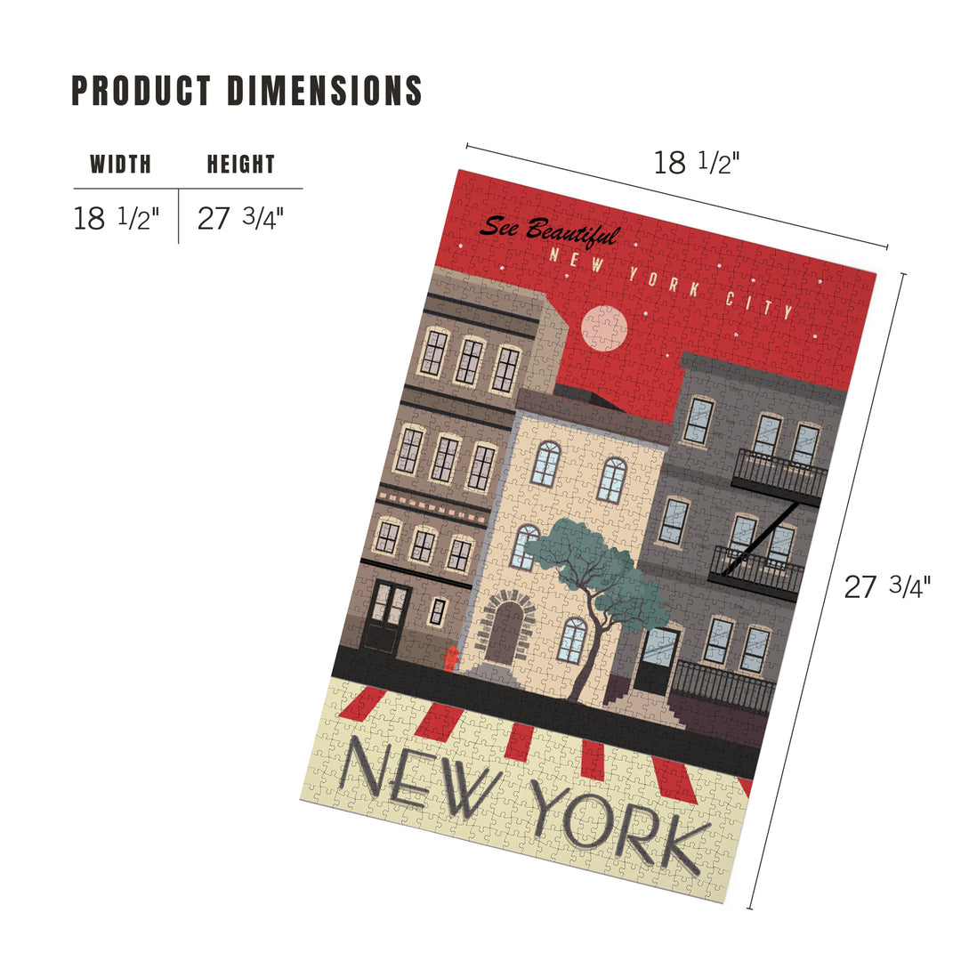New York City, New York, Brownstones, Street Vector, Jigsaw Puzzle Puzzle Lantern Press 