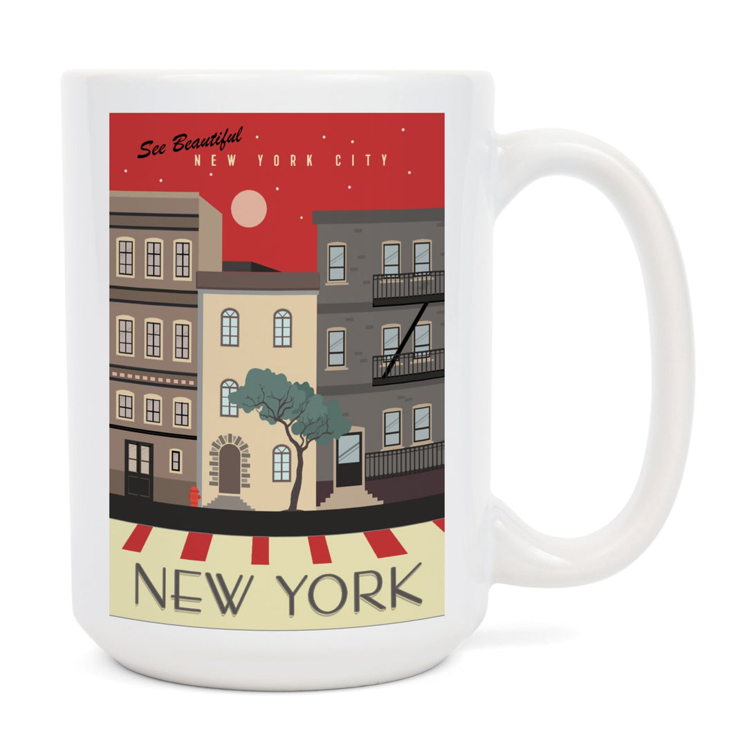 New York City, New York, Brownstones, Street Vector, Lantern Press Artwork, Ceramic Mug Mugs Lantern Press 