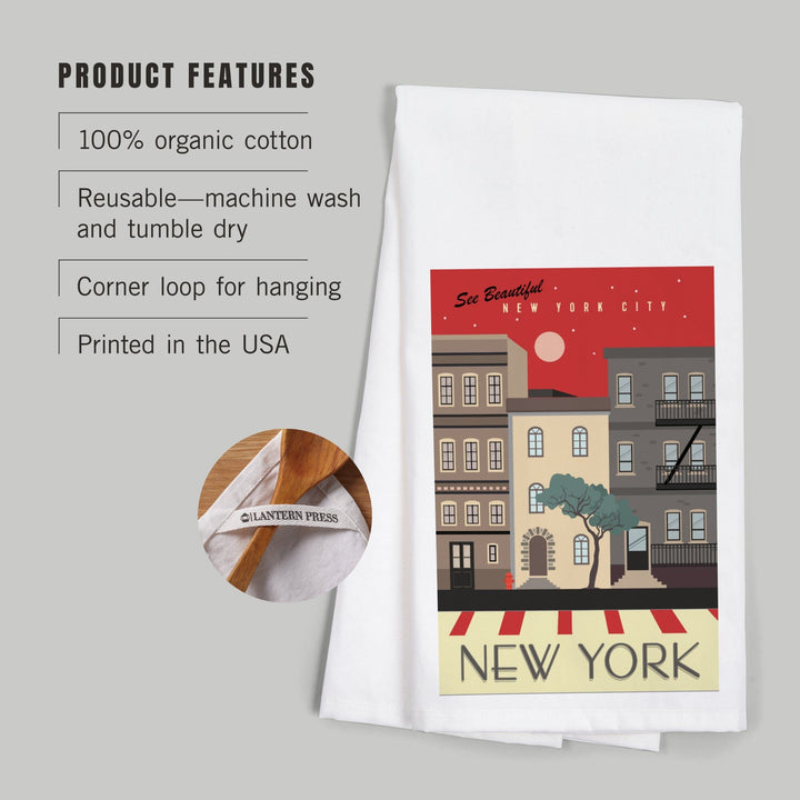 New York City, New York, Brownstones, Street Vector, Organic Cotton Kitchen Tea Towels Kitchen Lantern Press 