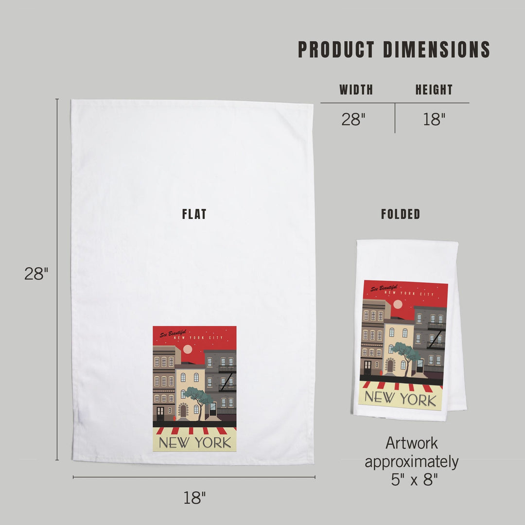 New York City, New York, Brownstones, Street Vector, Organic Cotton Kitchen Tea Towels Kitchen Lantern Press 