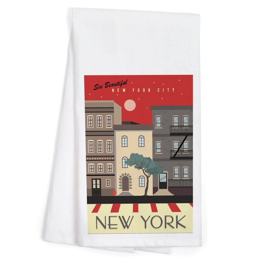 New York City, New York, Brownstones, Street Vector, Organic Cotton Kitchen Tea Towels Kitchen Lantern Press 
