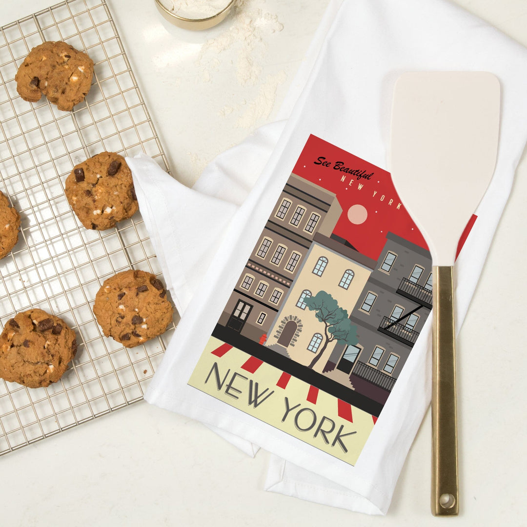 New York City, New York, Brownstones, Street Vector, Organic Cotton Kitchen Tea Towels Kitchen Lantern Press 