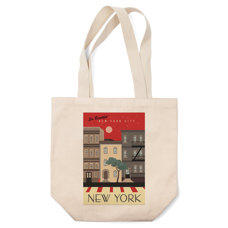 New York City, New York, Brownstones, Street Vector, Tote Bag Totes Lantern Press 