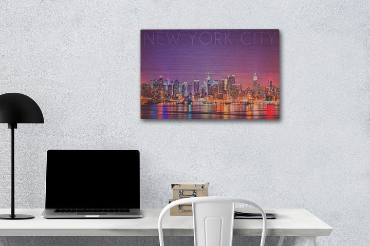 New York City, New York, Colorful Skyline Lights, Lantern Press Photography, Wood Signs and Postcards Wood Lantern Press 12 x 18 Wood Gallery Print 