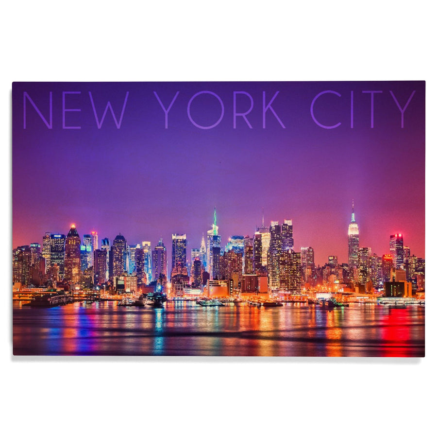 New York City, New York, Colorful Skyline Lights, Lantern Press Photography, Wood Signs and Postcards Wood Lantern Press 