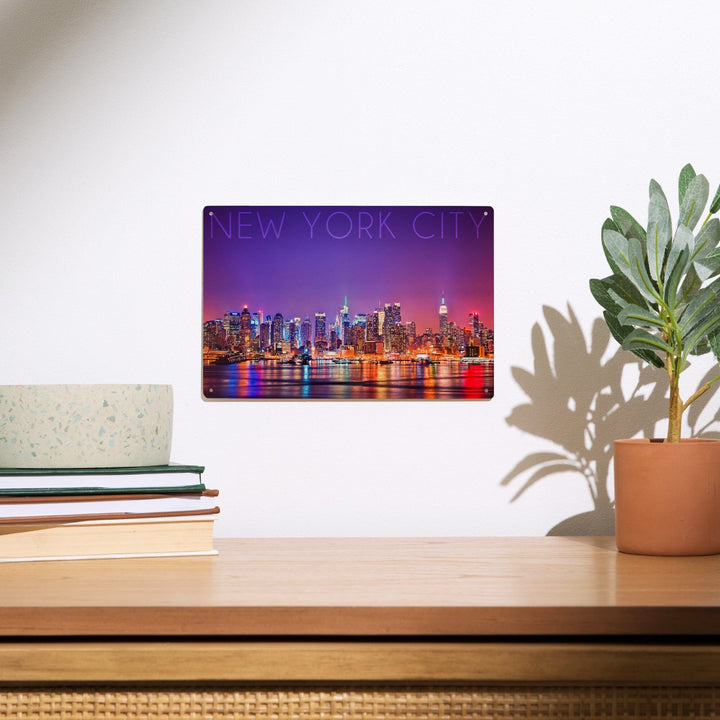 New York City, New York, Colorful Skyline Lights, Lantern Press Photography, Wood Signs and Postcards Wood Lantern Press 