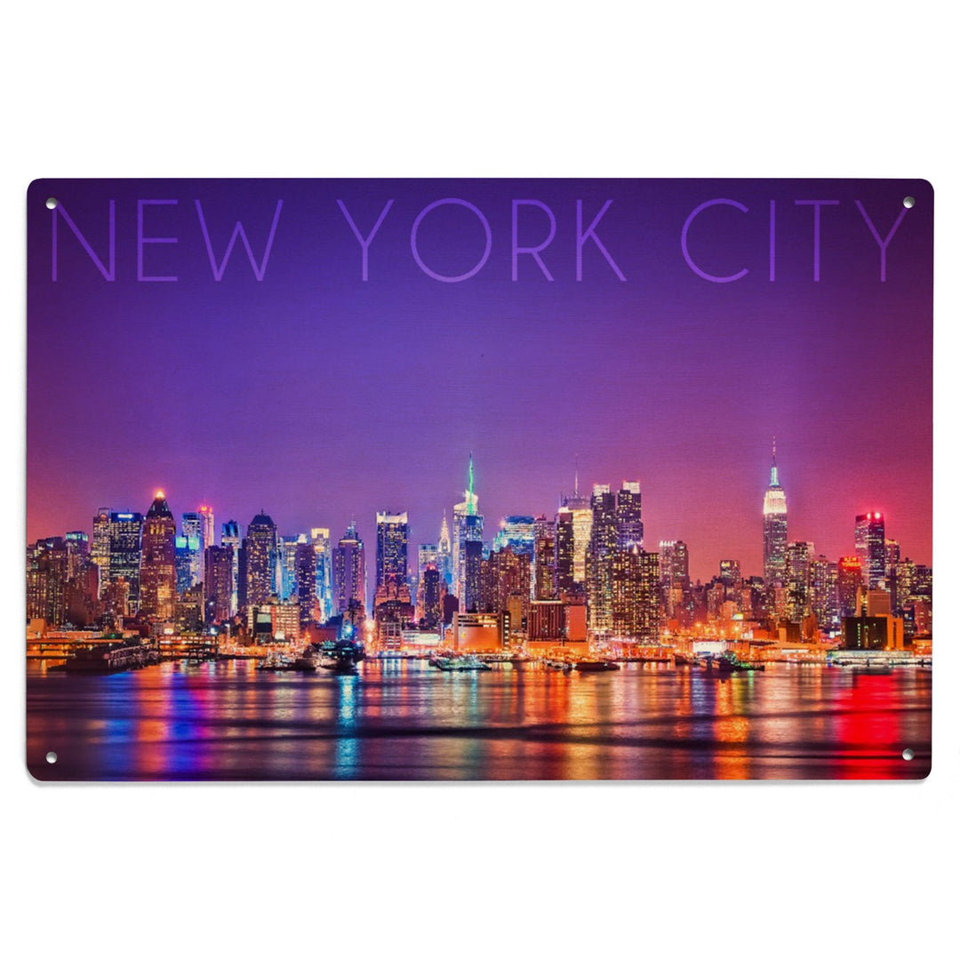 New York City, New York, Colorful Skyline Lights, Lantern Press Photography, Wood Signs and Postcards Wood Lantern Press 