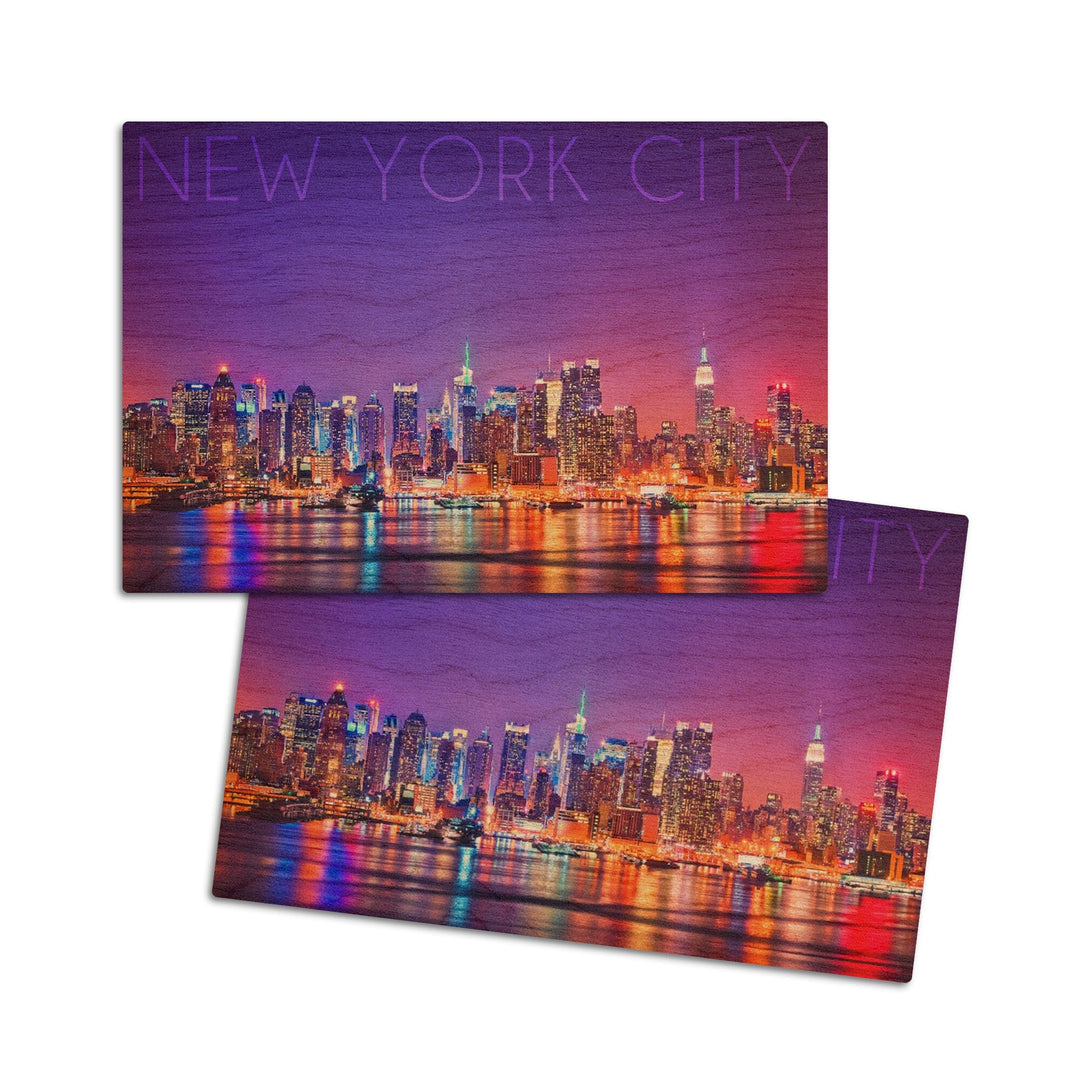 New York City, New York, Colorful Skyline Lights, Lantern Press Photography, Wood Signs and Postcards Wood Lantern Press 4x6 Wood Postcard Set 