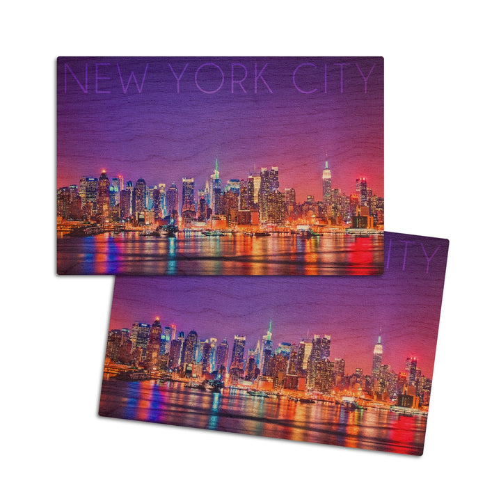 New York City, New York, Colorful Skyline Lights, Lantern Press Photography, Wood Signs and Postcards Wood Lantern Press 4x6 Wood Postcard Set 