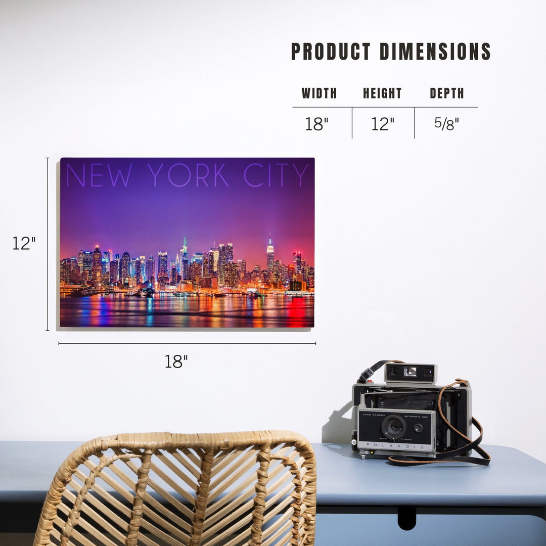 New York City, New York, Colorful Skyline Lights, Lantern Press Photography, Wood Signs and Postcards Wood Lantern Press 