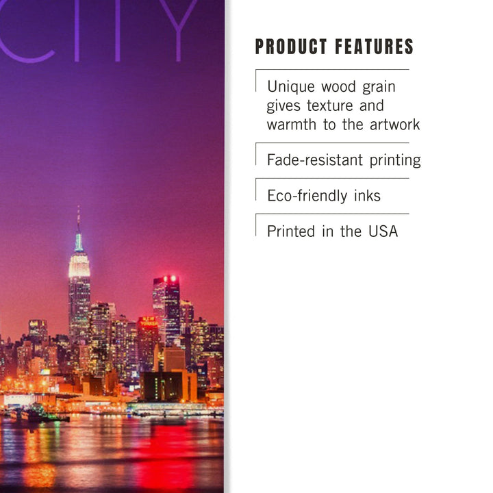 New York City, New York, Colorful Skyline Lights, Lantern Press Photography, Wood Signs and Postcards Wood Lantern Press 