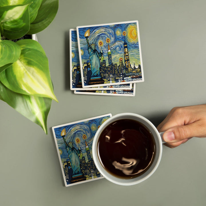 New York City, New York, Starry Night City Series, Lantern Press Artwork, Coaster Set Coasters Lantern Press 