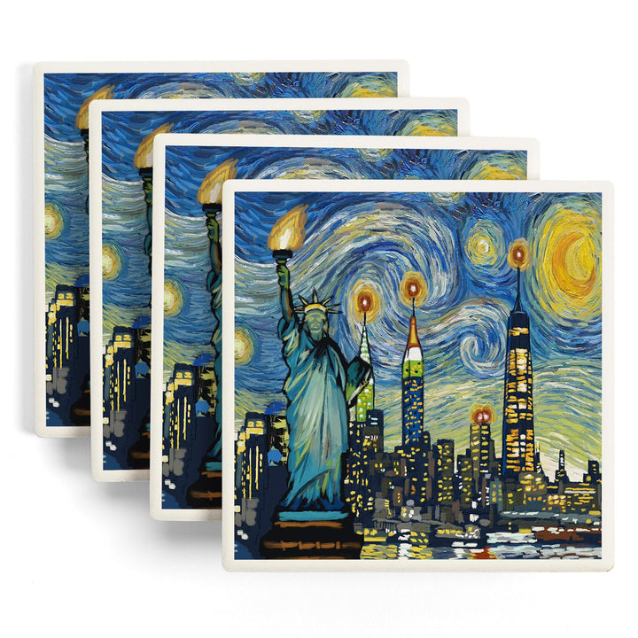 New York City, New York, Starry Night City Series, Lantern Press Artwork, Coaster Set Coasters Lantern Press 