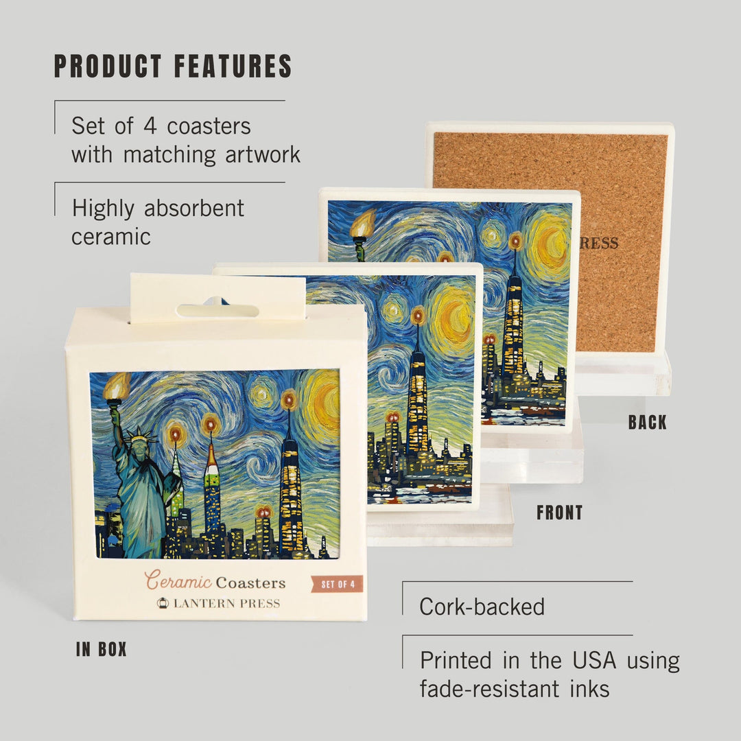 New York City, New York, Starry Night City Series, Lantern Press Artwork, Coaster Set Coasters Lantern Press 