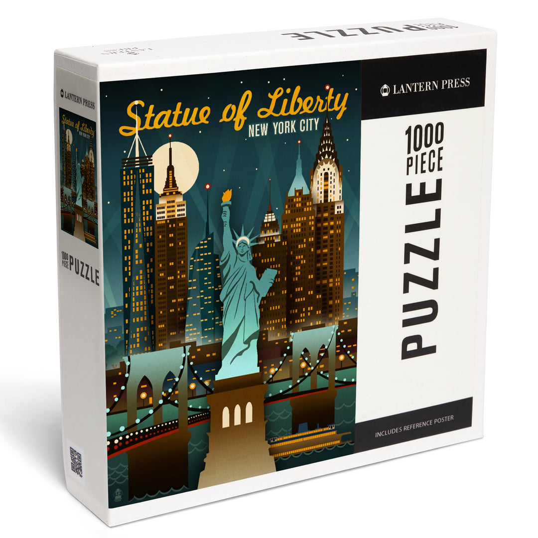 New York City, New York, Statue of Liberty, Retro Skyline, Jigsaw Puzzle Puzzle Lantern Press 
