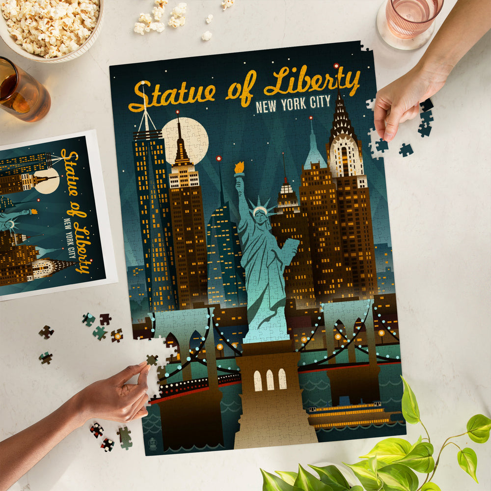 New York City, New York, Statue of Liberty, Retro Skyline, Jigsaw Puzzle Puzzle Lantern Press 