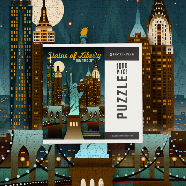 New York City, New York, Statue of Liberty, Retro Skyline, Jigsaw Puzzle Puzzle Lantern Press 