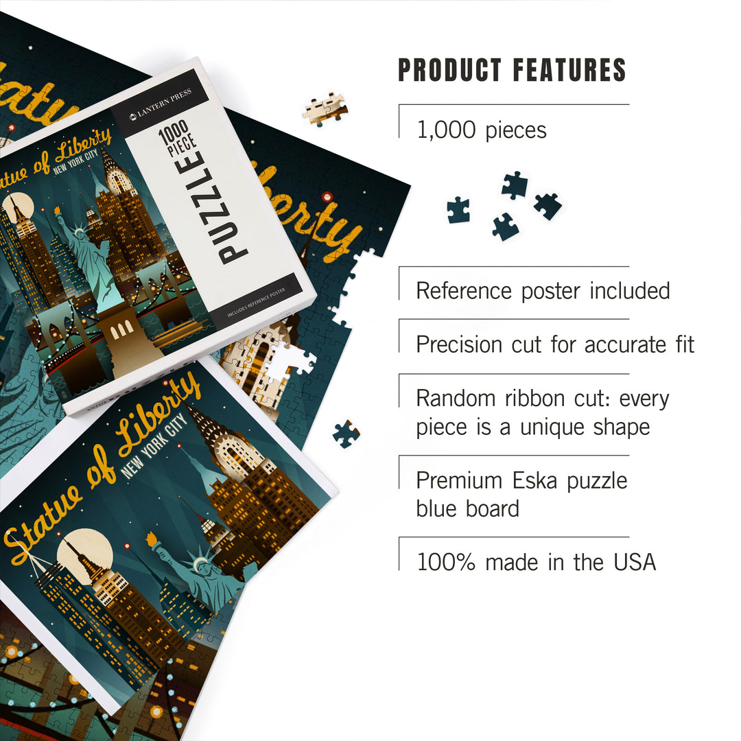 New York City, New York, Statue of Liberty, Retro Skyline, Jigsaw Puzzle Puzzle Lantern Press 