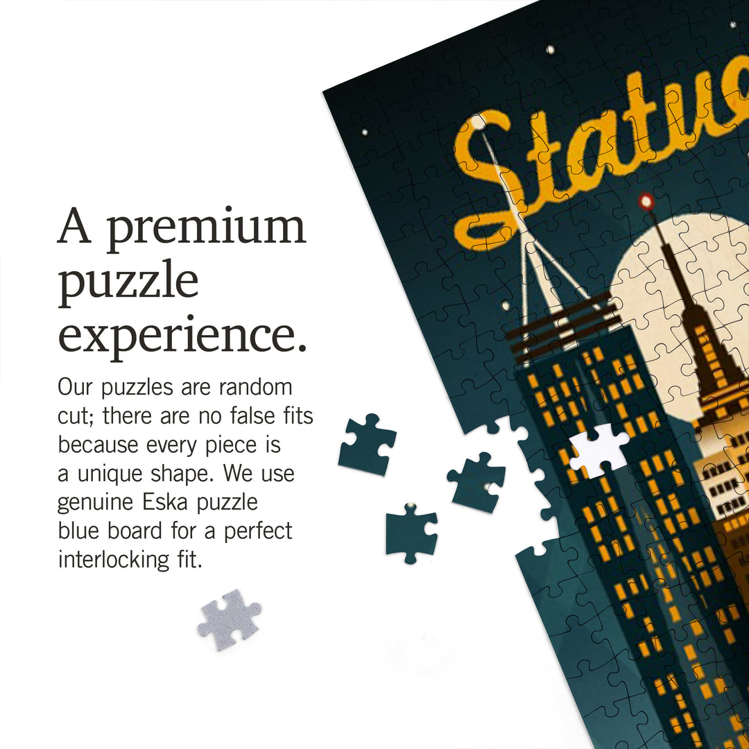 New York City, New York, Statue of Liberty, Retro Skyline, Jigsaw Puzzle Puzzle Lantern Press 