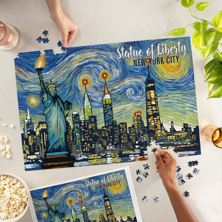 New York City, New York, Statue of Liberty, Starry Night City Series, Jigsaw Puzzle Puzzle Lantern Press 