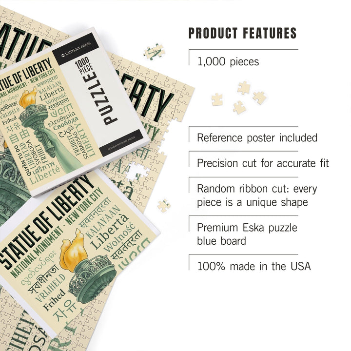 New York City, New York, Statue of Liberty, Torch, Freedom Typography, Jigsaw Puzzle Puzzle Lantern Press 