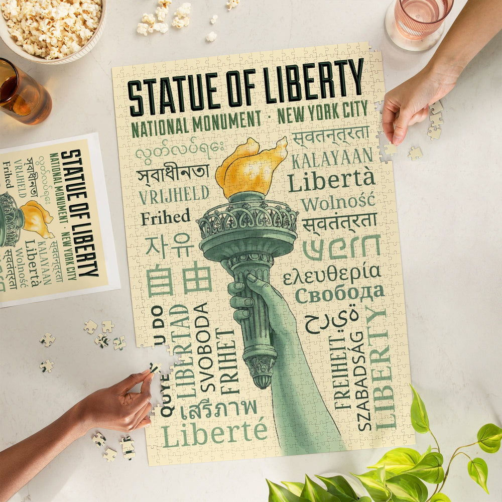 New York City, New York, Statue of Liberty, Torch, Freedom Typography, Jigsaw Puzzle Puzzle Lantern Press 