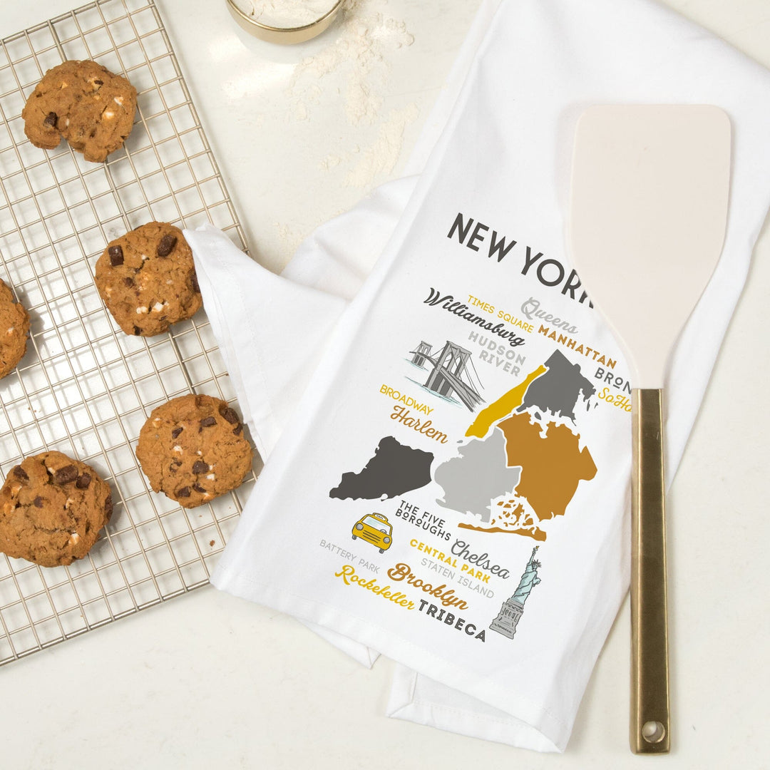 New York City, New York, Typography and Icons, Organic Cotton Kitchen Tea Towels Kitchen Lantern Press 