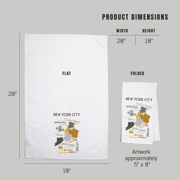 New York City, New York, Typography and Icons, Organic Cotton Kitchen Tea Towels Kitchen Lantern Press 