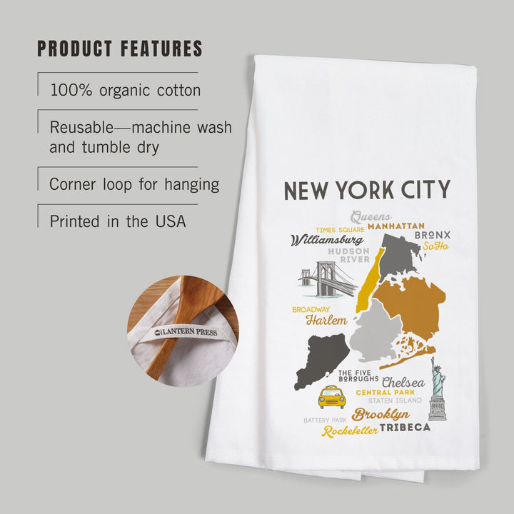 New York City, New York, Typography and Icons, Organic Cotton Kitchen Tea Towels Kitchen Lantern Press 