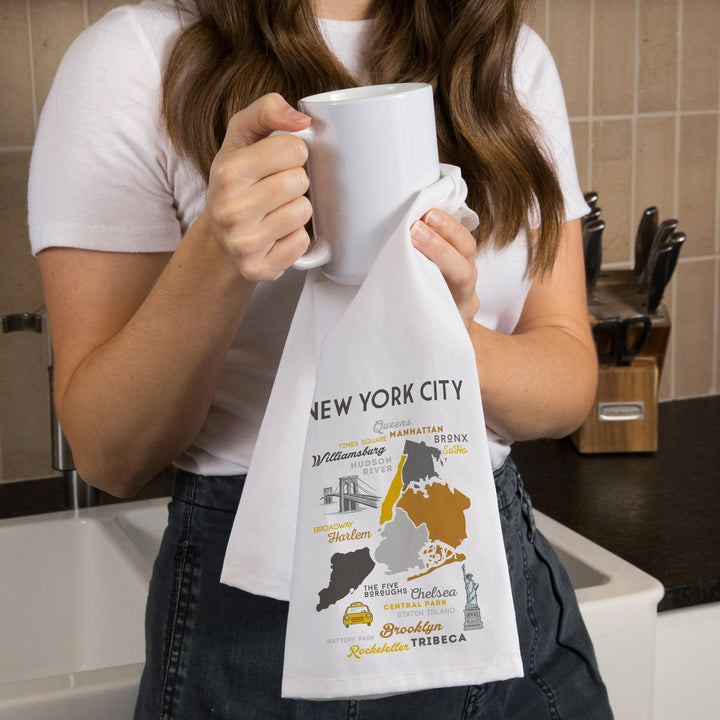 New York City, New York, Typography and Icons, Organic Cotton Kitchen Tea Towels Kitchen Lantern Press 