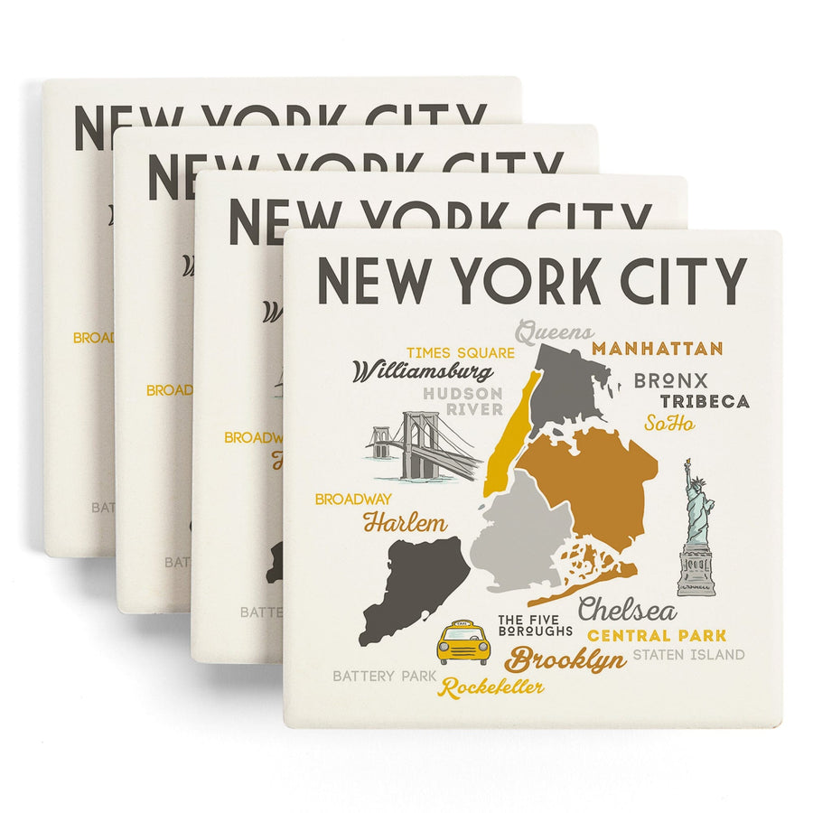 New York City, New York, Typography & Icons, Lantern Press Artwork, Coaster Set Coasters Lantern Press 