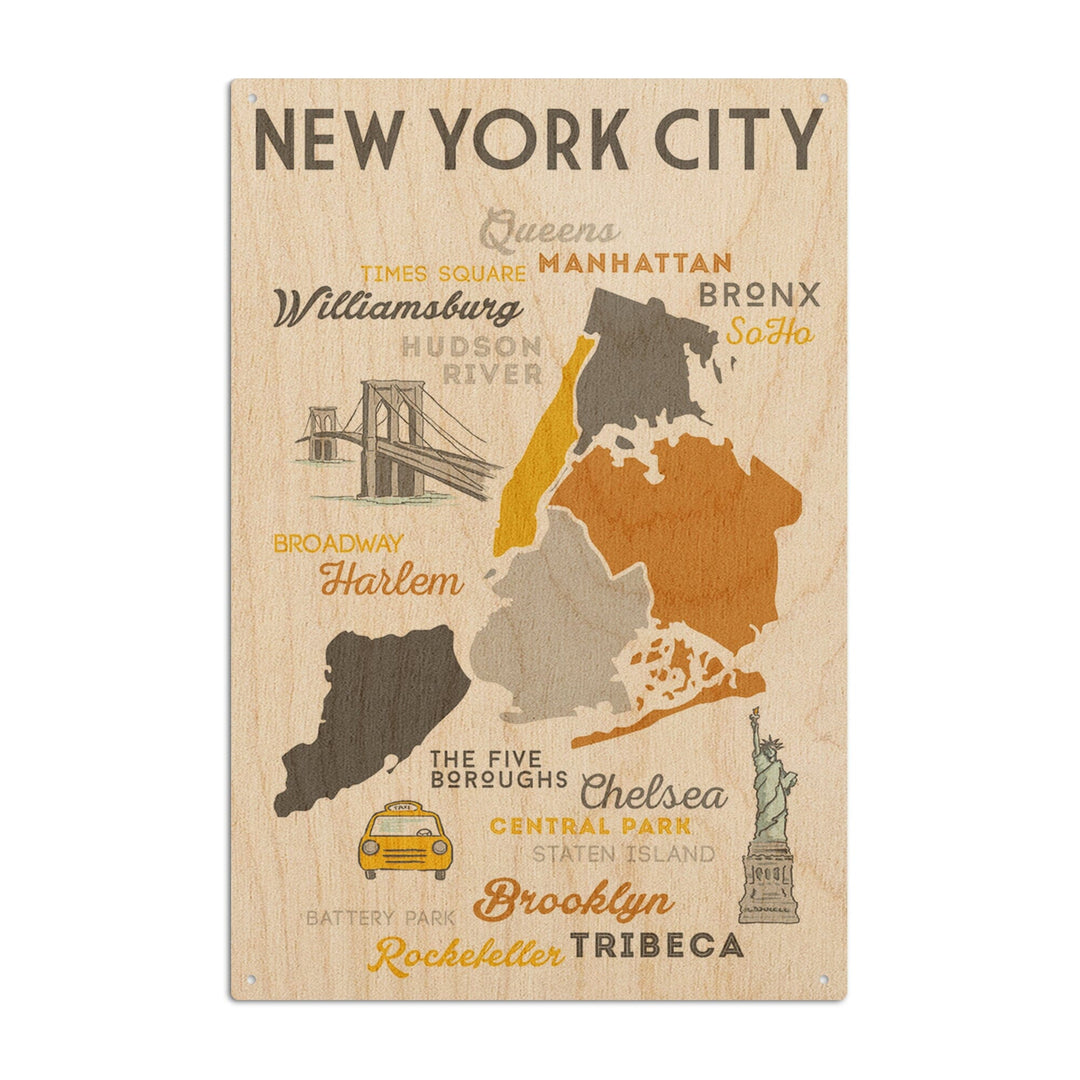 New York City, New York, Typography & Icons, Lantern Press Artwork, Wood Signs and Postcards Wood Lantern Press 10 x 15 Wood Sign 