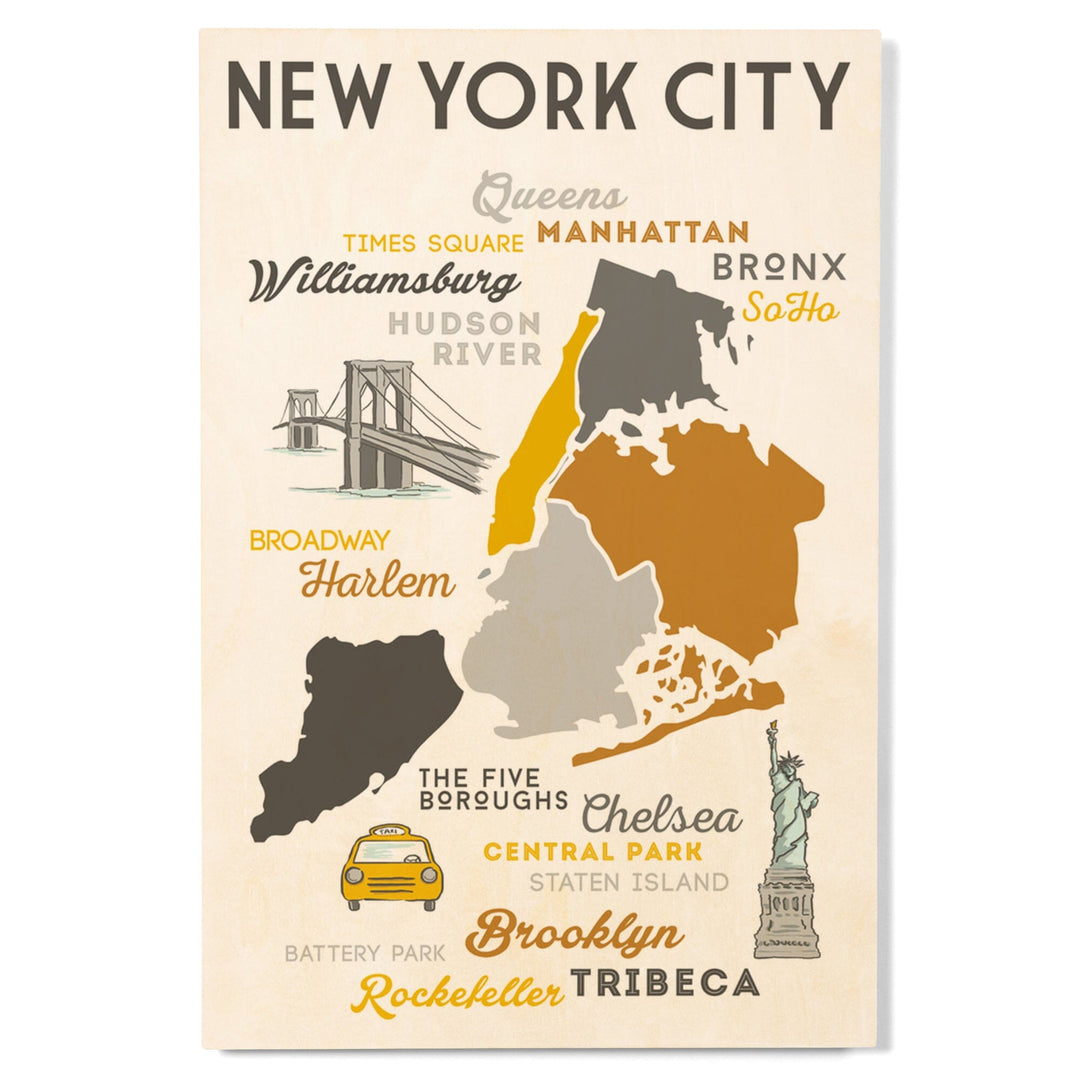 New York City, New York, Typography & Icons, Lantern Press Artwork, Wood Signs and Postcards Wood Lantern Press 