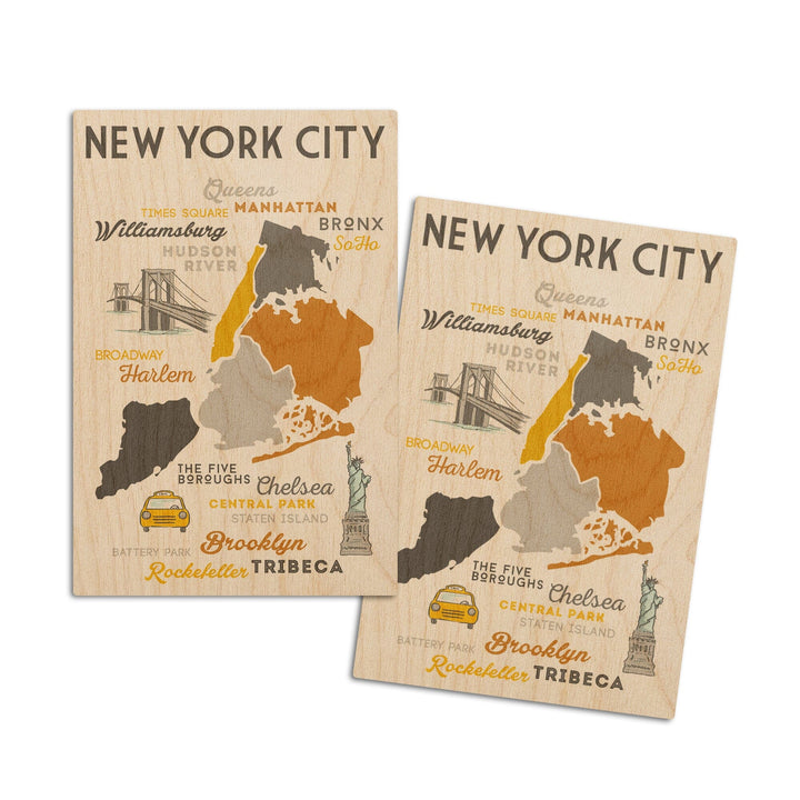 New York City, New York, Typography & Icons, Lantern Press Artwork, Wood Signs and Postcards Wood Lantern Press 4x6 Wood Postcard Set 