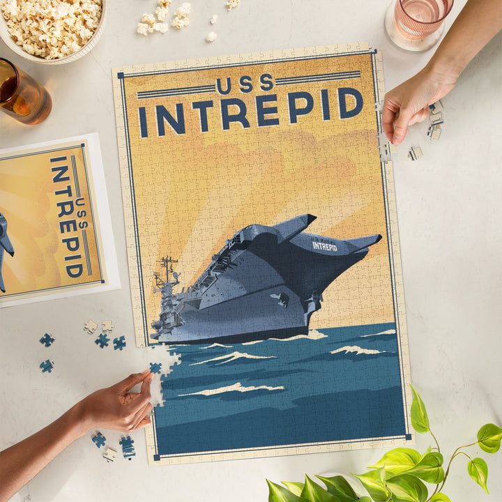 New York City, New York, USS Intrepid, Lithograph, Jigsaw Puzzle Puzzle Lantern Press 